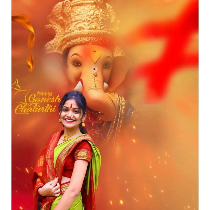 a woman standing next to an elephant on a red and yellow background with the words happy ganesh chakrarat written in gold