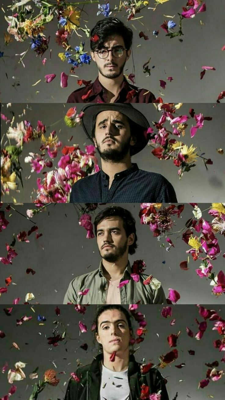 four different images of the same man with flowers on his head and in front of them