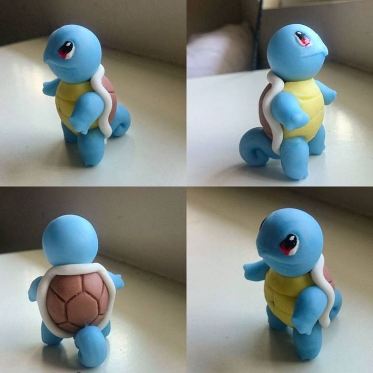 four different pictures of a toy turtle on a table