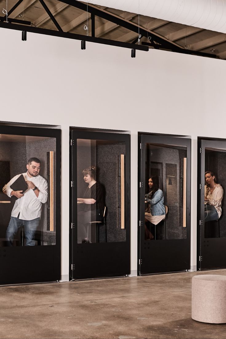 This photo shows team members taking video calls from inside personal sound proof phone booths inside of our office! Soundproof Booth, Office Booth, Phone Booth Office, Tiny Office, Collaborative Workspace, Office Pods, Office Layout, Shop Fittings, Collaboration Space