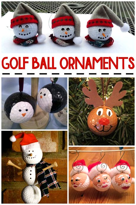 golf ball ornaments with snowmen and santa hats on them are featured in this collage