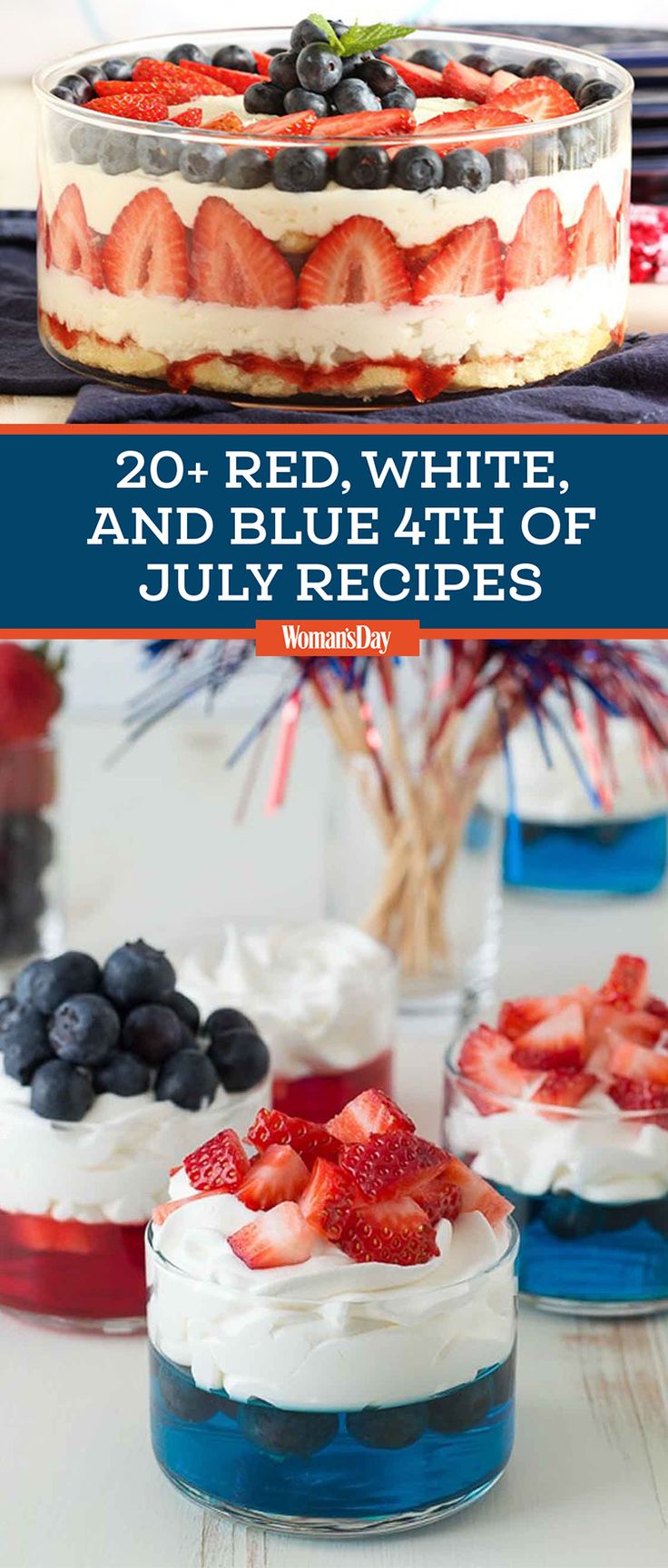 red, white and blue desserts with text overlay that reads 20 + redwhite, and blueberries