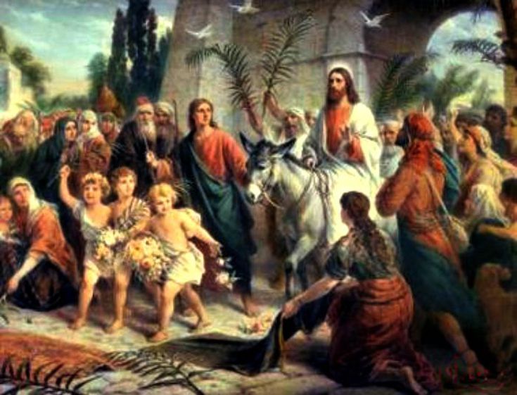 a painting of jesus riding on a horse and surrounded by other people, including children