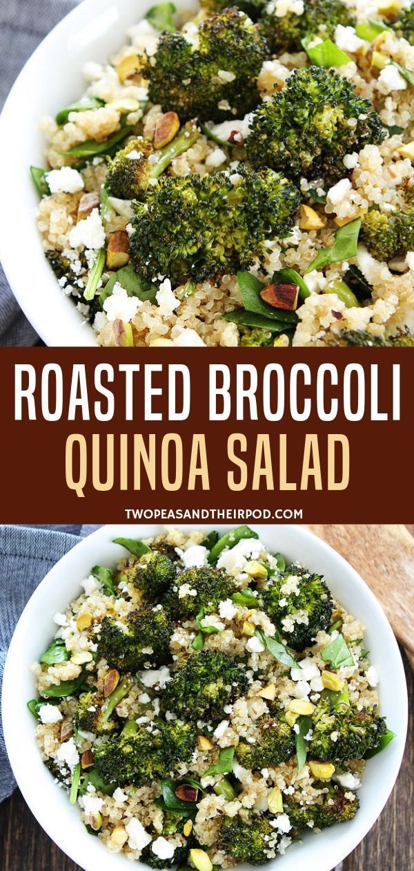 roasted broccoli quinoa salad in a white bowl