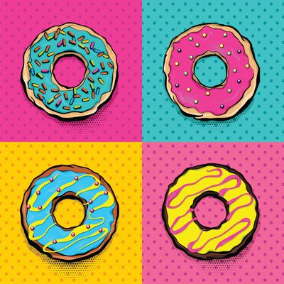 four different colored donuts with sprinkles on them in pop art style