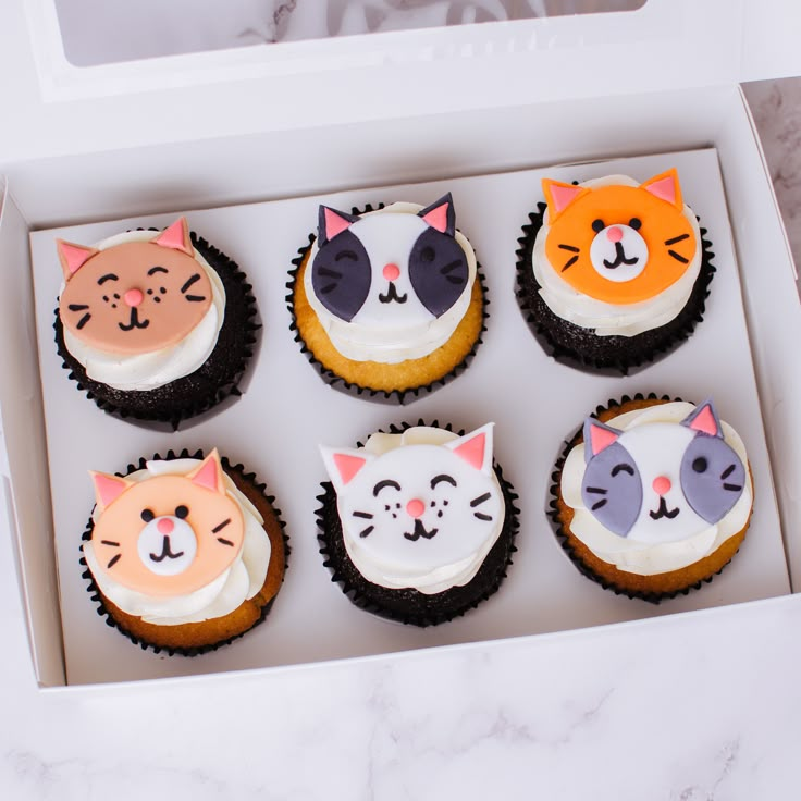 six cupcakes in a box decorated with cats