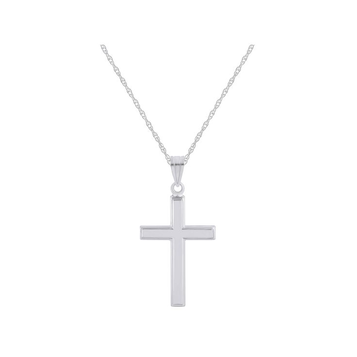 Display your faith with this lovely 14k white gold cross pendant necklace. Click on this JEWELRY & WATCHES GUIDE to learn about fit, styles, materials and more! Display your faith with this lovely 14k white gold cross pendant necklace. Click on this JEWELRY & WATCHES GUIDE to learn about fit, styles, materials and more! FEATURES Pendant dimensions: 0.5 in. x 0.875 in. Chain length: 16 in. + 2-in. extender Chain type: rope Clasp: spring-ring Metal: 14k white gold Plating: rhodium Finish: polished White Sterling Silver Necklace For First Communion, White Cross Necklace With Medium-length Chain, White Gold Cross Pendant For First Communion, White Gold Cross Pendant Necklace For First Communion, White Gold Cross Necklace For First Communion, White Cross Necklace For First Communion, White Gold Cross Jewelry For First Communion, White Cross Pendant Necklace With Polished Finish, Classic White Cross Necklace For Formal Occasions