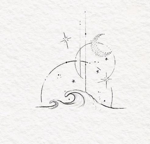 an artistic drawing on paper with stars and waves in the foreground, as if it were drawn by hand