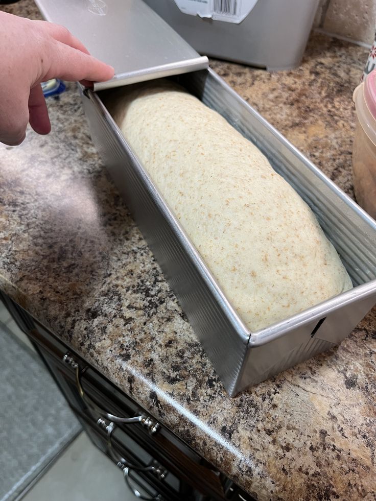 a loaf of bread in a pan on top of a counter