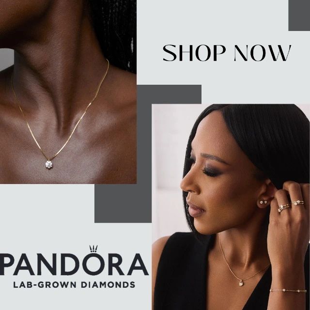 a woman wearing gold jewelry in front of a white background with the words pandara lab grown diamonds on it