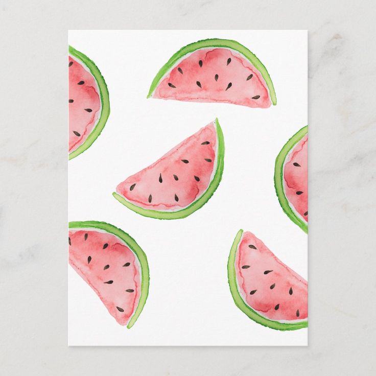 watermelon slices on white paper with green leaves and black dots in the middle