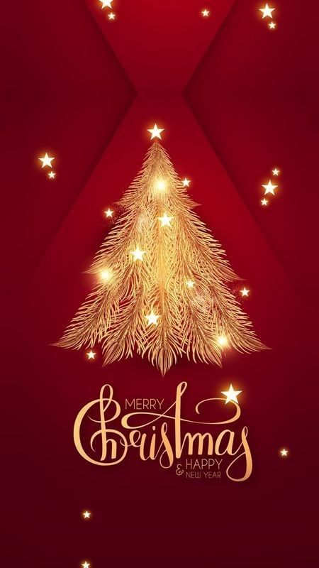 merry christmas and happy new year greeting card with golden tree on dark red background illustration