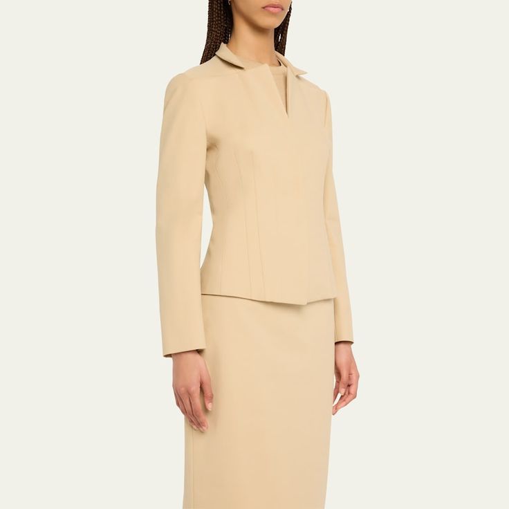 Max Mara "Olindo" jacket with dart waist detail Notch lapels; concealed placket Long sleeves Fitted Cotton Made in Italy Luxury Office Suits, Luxury Long Sleeve Office Suit, Elegant Long Sleeve Outerwear For Work, Luxury Fitted Skirt Suit For Business, Fitted Collared Outerwear With Concealed Placket, Tailored Collared Outerwear For Formal Occasions, Long Sleeve Blazer With Pressed Crease For Work, Classic Tailored Long Sleeve Skirt Suit, Timeless Long Sleeve Office Blazer