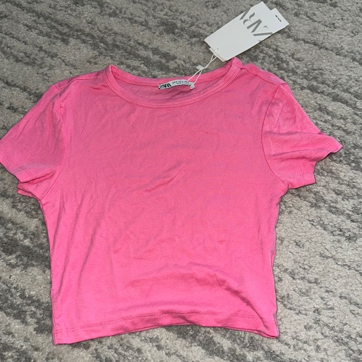 Never Worn, Has Tags On It, Adorable Cropped Tee Shirt Trendy Stretch Tops From Zara, Zara Stretch T-shirt For Spring, Zara T-shirt For Spring, Zara Casual Fitted Tops, Zara Fitted Casual Tops, Casual Pink Zara Tops, Zara Casual Tops, Zara Crew Neck Crop Top For Summer, Basic Zara T-shirt For Spring