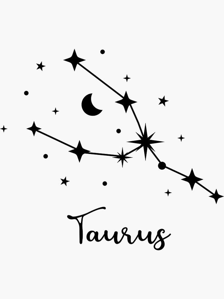 the word taurus written in black ink on a white background with stars and crescents