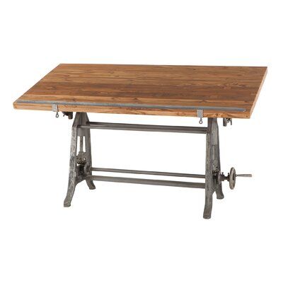 a wooden table sitting on top of a metal frame with two wheels attached to it