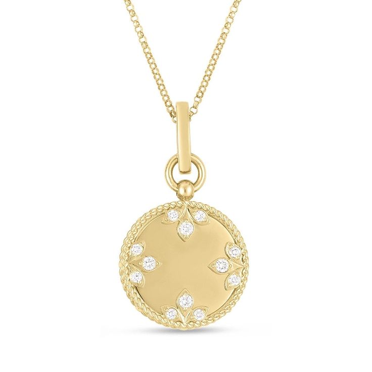 18K yellow gold diamond medallion featuring round brilliant cut diamonds weighing .20 ctw. The medallion is 16-18" in length. Designed by Roberto Coin.