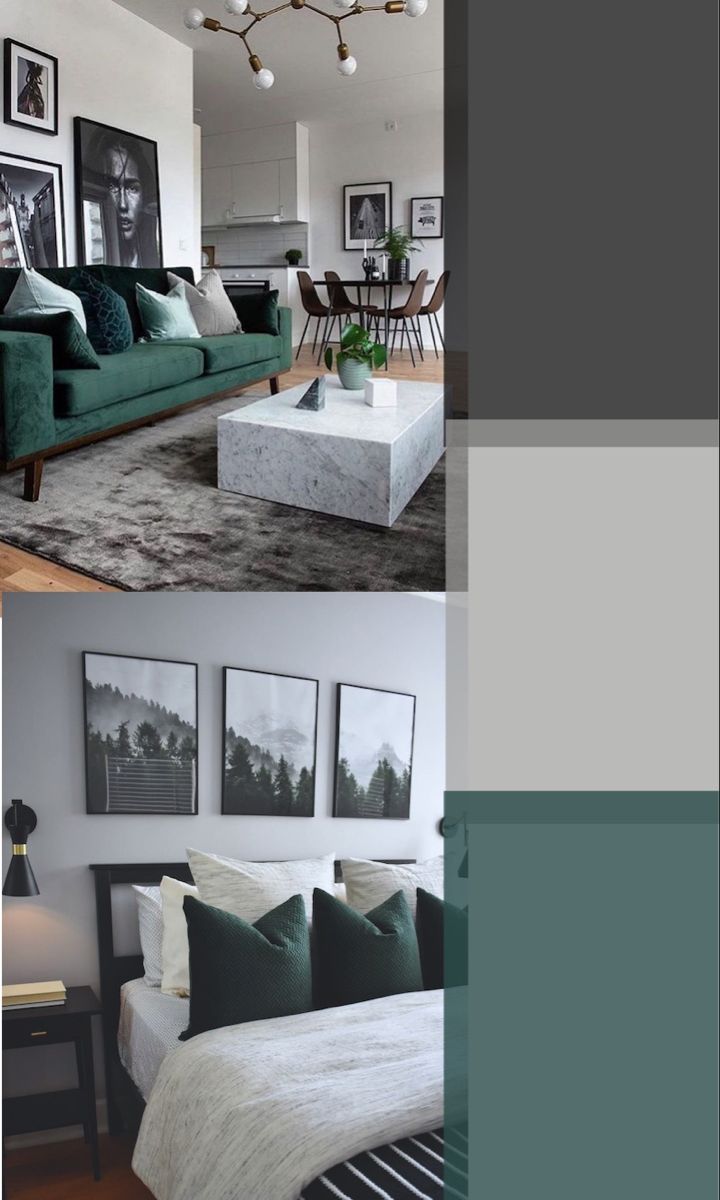 three different pictures of a living room and dining room with green furniture in the center