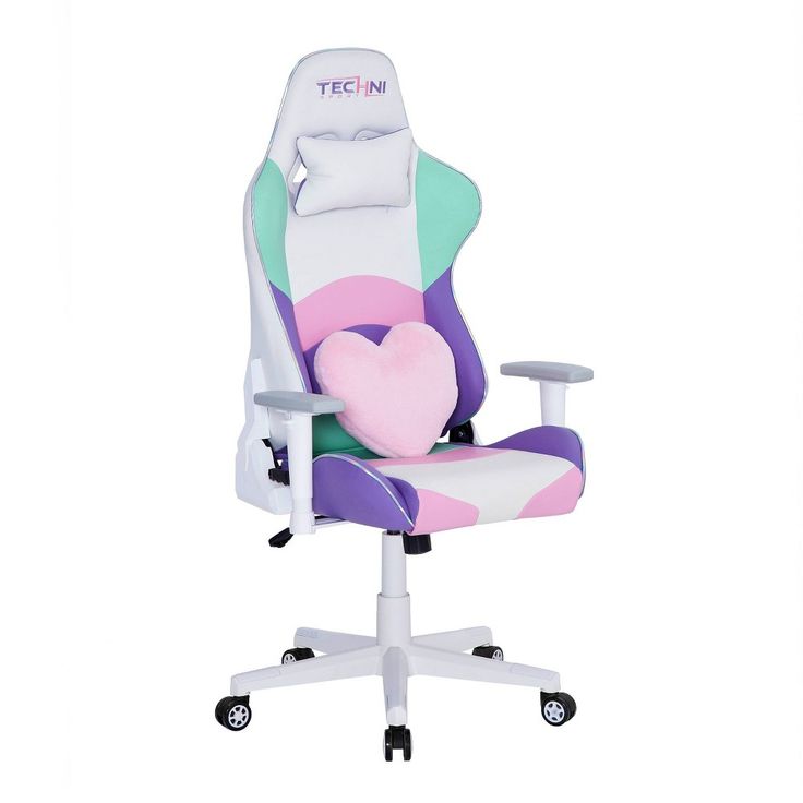 an office chair with a heart shaped pillow on it's back and seat cushion