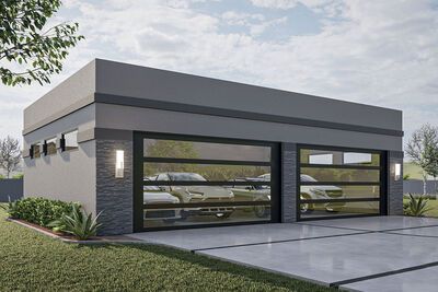 a rendering of a modern garage with two cars parked in the driveway and one car on the other side