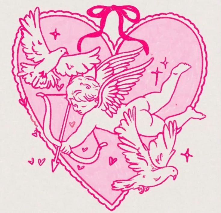 a heart with an angel and two doves on it, surrounded by other birds