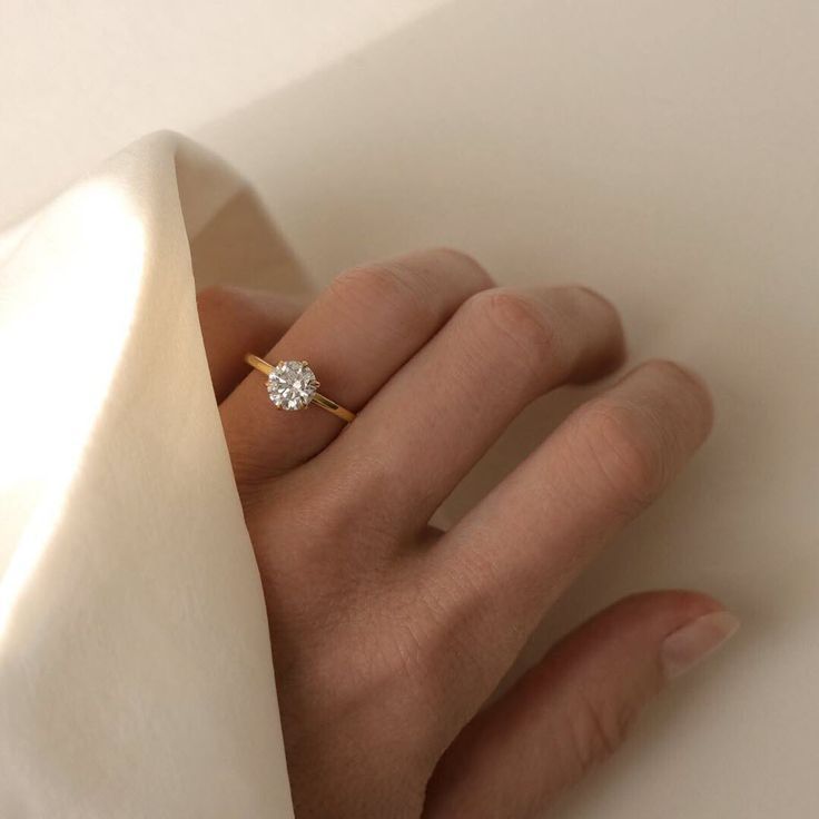 a woman's hand with a diamond ring on her finger, against a white background