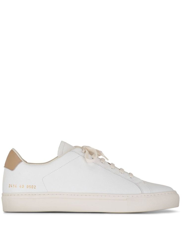 white/beige leather logo print to the side round toe front lace-up fastening contrasting heel counter rubber sole Minimalist Sneakers, Beige Heels, Common Projects, Leather Logo, Leather Lace, White Beige, Sneakers White, Mens Shoes Sneakers, Leather And Lace