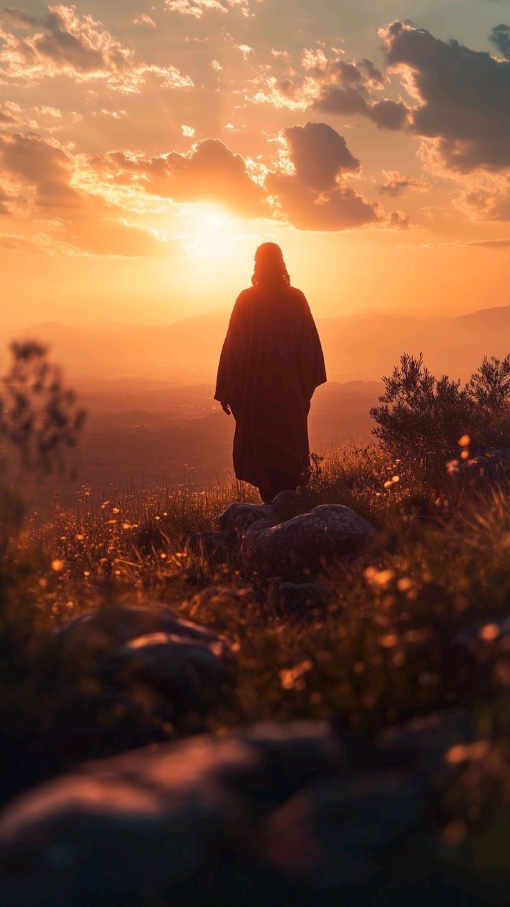 a person standing on top of a grass covered hill under a cloudy sky at sunset