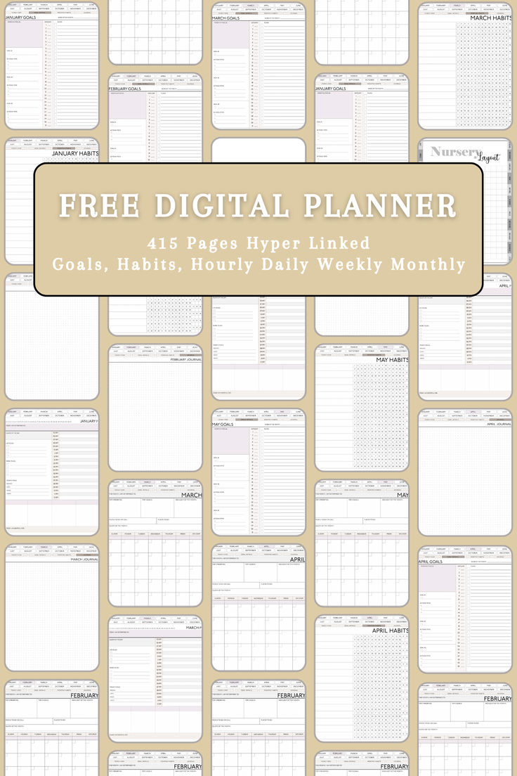 the free printable planner is shown in white and beige colors, with text overlaying it