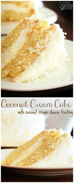 two pictures of coconut cream cake with coconut cream cheese frosting on the top and bottom