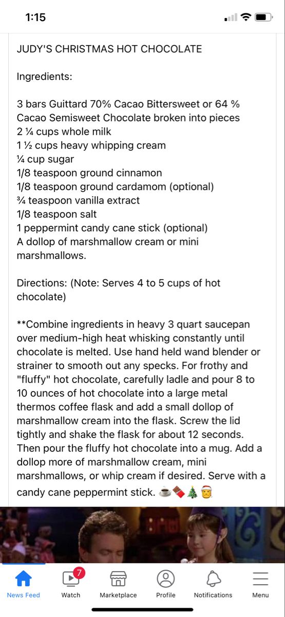 the christmas hot chocolate recipe is shown on an iphone