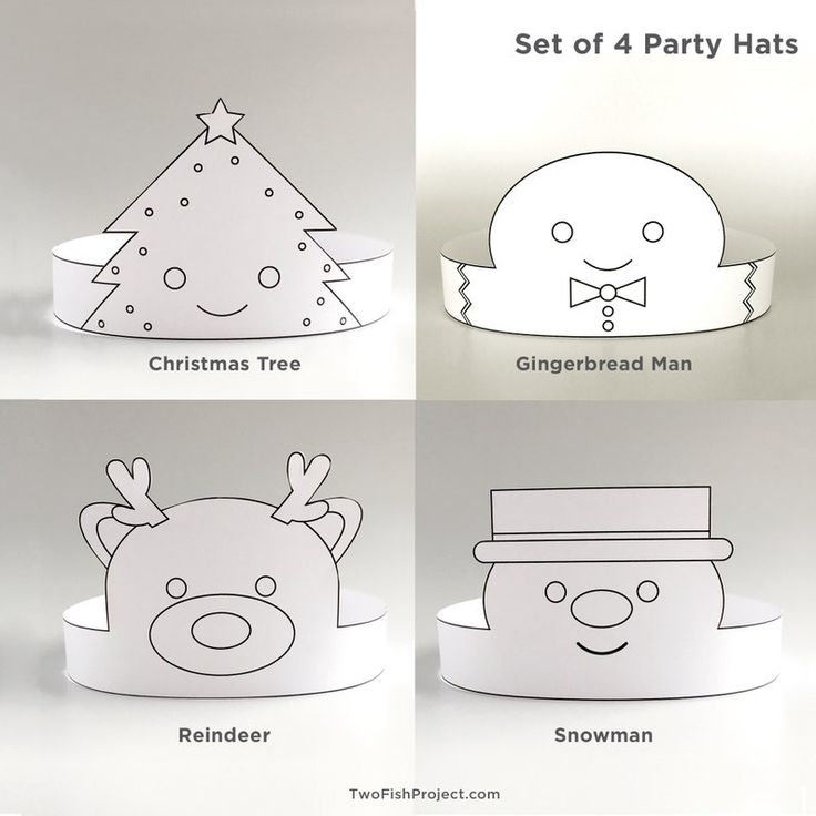 four paper hats with different shapes and sizes for christmas tree, reindeer, snowman