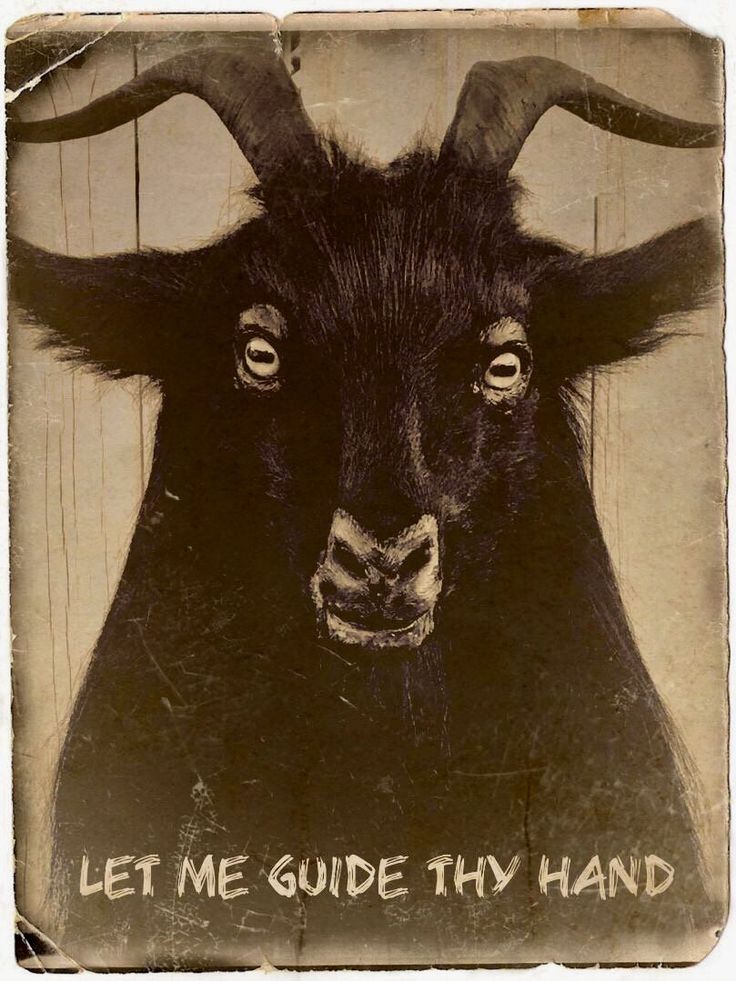 a goat with long horns has the words let me guide thy hand written on it