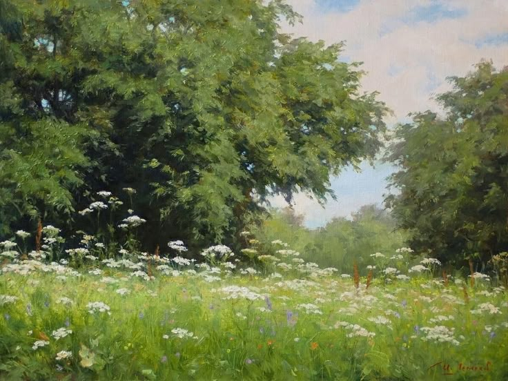 a painting of flowers and trees in a field