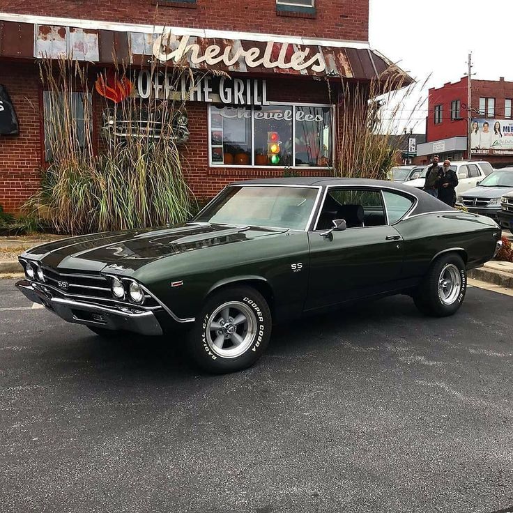 a green muscle car parked in front of a building next to a parking lot with other cars