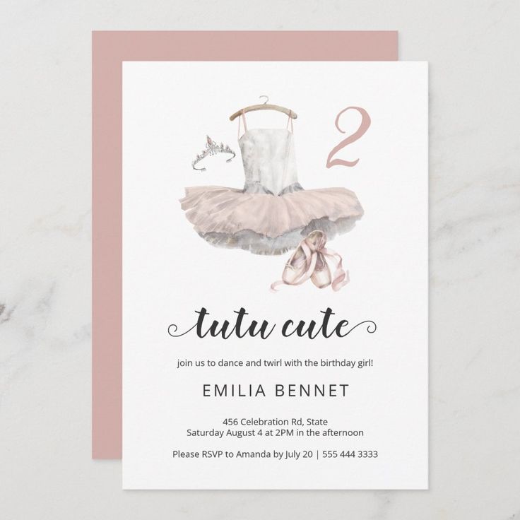 a pink and white ballerina birthday party card with the number two on it's front