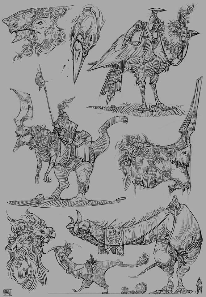 some sketches of different animals and people