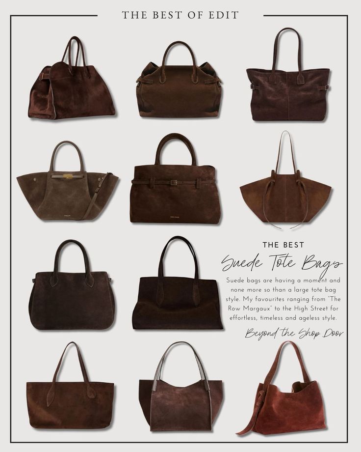 Brown Suede Tote Bags Brown Handbag Outfit, Brown Purse Outfit, Tote Bag Outfit, Shop Door, Purse Outfit, Suede Tote Bag, Brown Tote Bag, Suede Purse, Suede Tote