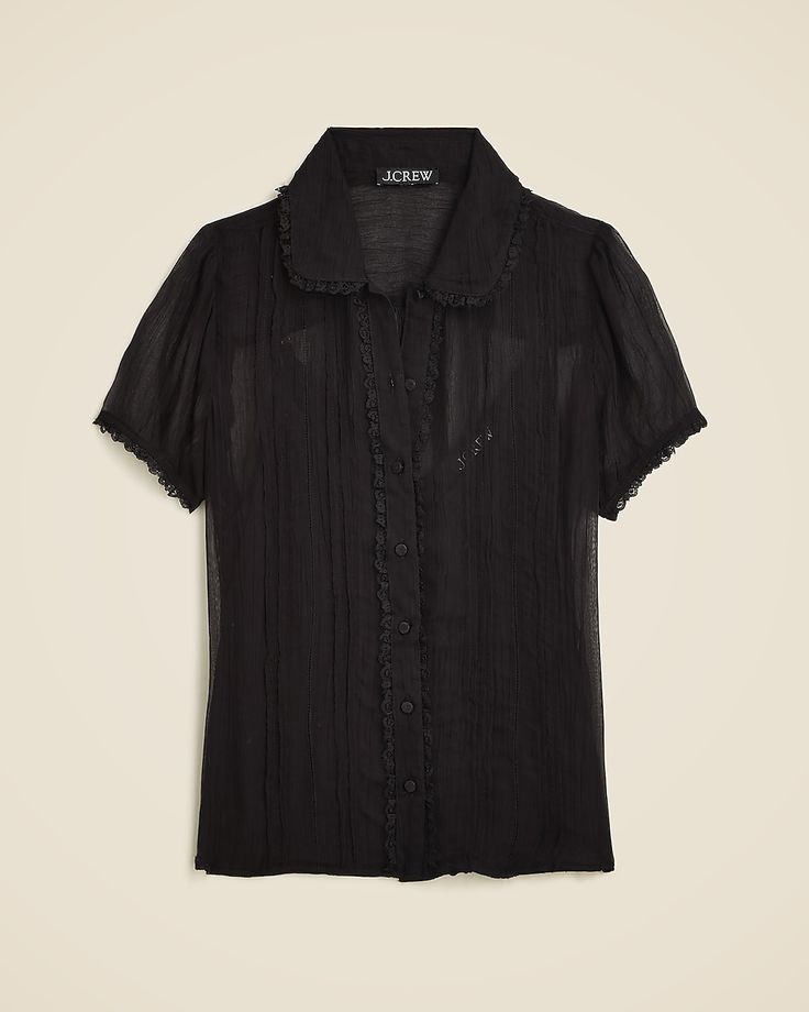 Sheer lace-trim button-up shirt Sheer Button Down, Lace Tops With Ruffles, Spring Lace Trim Button-up Shirt, Collared Lace Tops For Summer, Summer Lace Collared Tops, Summer Collared Lace Tops, Fitted Lace Button-up Top, Chic Tops With Lace Collar And Short Sleeves, Short Sleeve Lace Tops For Work