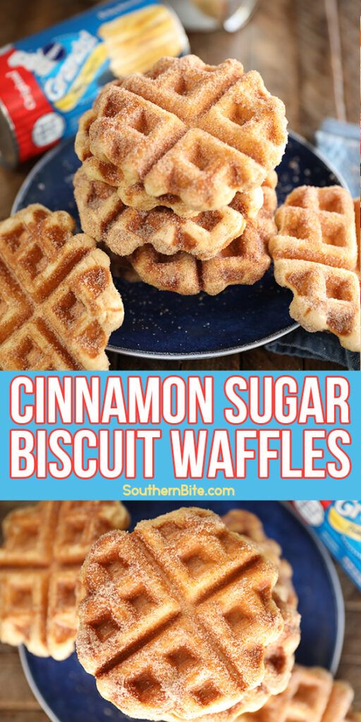 cinnamon sugar biscuit waffles on a blue plate