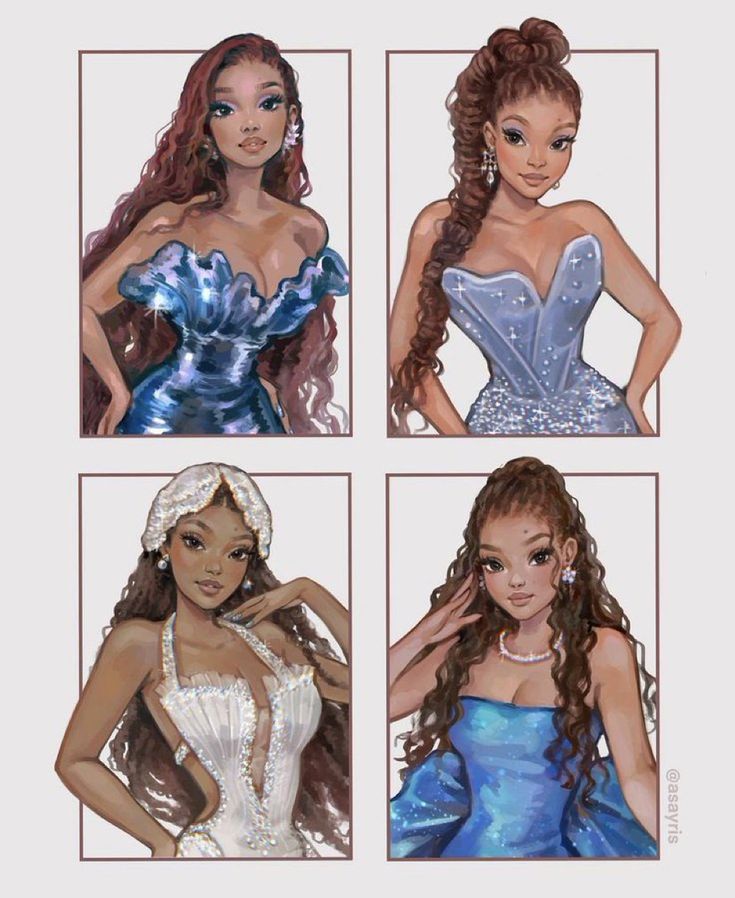 four different types of women in dresses with long, curly hair and blue gowns