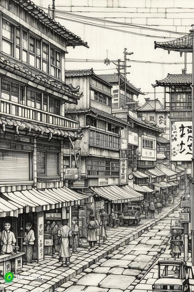 One Point Perspective Japanese Street, Asian Building Drawing, City Landscape Drawing Pencil, Street Perspective Drawing, Japan Landscape Drawing, 2 Point Perspective Drawing Architecture, Street Sketch Urban Sketchers, Old Japanese Art Style, City Life Drawing