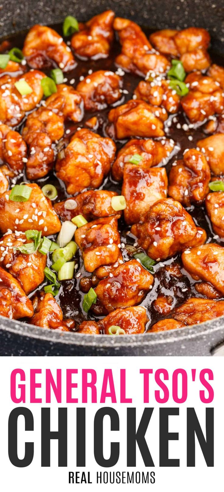 general tso's chicken in a skillet with text overlay