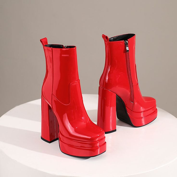 Introducing our newest arrivals ââ‚?the Red Platform Boots! A chic and stylish twist on the classic platform boot. these square-toe beauties are perfect for making a statement. The lush patent leather and chunky block heel add a touch of luxury. while the green hue is perfect for standing out from the crowd. Upper: Patent Leather Lining: Short Plush Outsole: Rubber Toe: Square Toe Closure: Zip Heel: 14cm/5.5'' Platform: 4cm/1.5'' Shaft: 13.5cm/5.3'' Circumference: 25cm/9.8'' Color: Green. Black. Red High Ankle Platform Boots For Party, Red Sole High Ankle Platform Boots For Party, Party Platform Boots With Red Sole High Ankle, Red High Heel Platform Boots For Fall, Trendy Red Platform Boots For Parties, Fitted Heeled Boots With Chunky Platform And Square Toe, Red High Heel Platform Boots, Red High Ankle Platform Boots For Fall, Red Platform Heeled Boots For Party