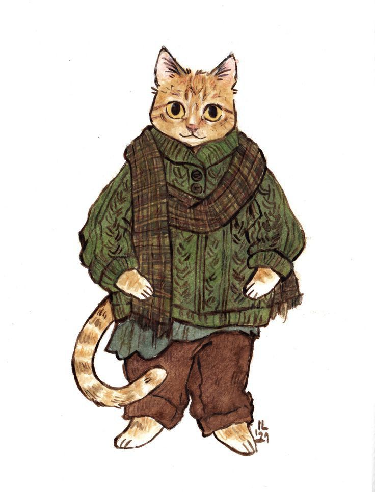 a drawing of a cat wearing a sweater and pants