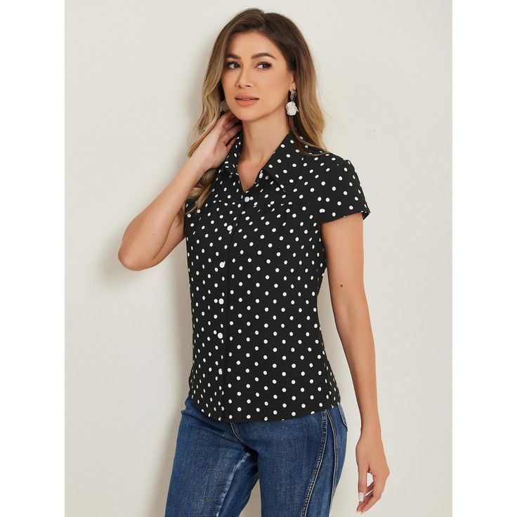 This crepe shirt features a button front and a short cap sleeve. A vintage polka dot over the summer top in a bold hue destined for the spotlight at dinner, events, or while out with friends. A vintage polka dot pattern brings eye-catching volume to a sweet summer shirt styled with a short sleeve and textured with subtle crepe. It is suitable for many occasions. Collared Polka Dot Top For Work, Polka Dot Short Sleeve Blouse For Work, Polka Dot Blouse With Button Closure For Workwear, Retro Polka Dot Short Sleeve Blouse, Summer Polka Dot Blouse With Button Closure, Polka Dot Blouse With Button Closure For Summer, Summer Polka Dot Collared Blouse, Polka Dot Shirt With Button Closure For Work, Summer Polka Dot Blouse With Buttons