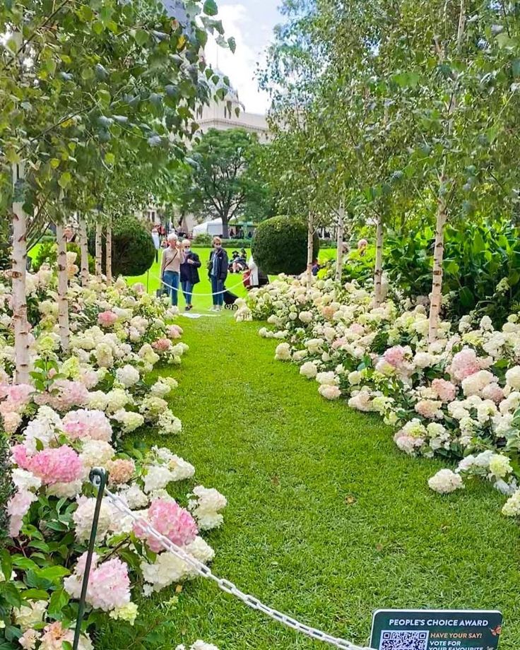 the garden is full of flowers and trees