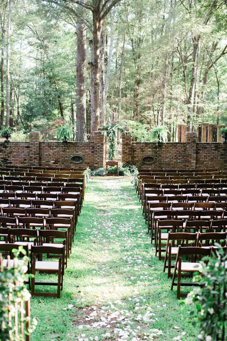 rows of wooden chairs sitting in the middle of a forest