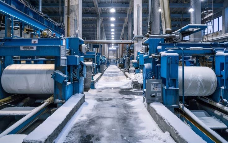 A production line in a textile factory emerges from the snow, hinting at the frozen rhythms of once-busy industrial stock photo Textile Factory, Production Line, Vector Background, Photo Image, Frozen, Textiles, Stock Photos