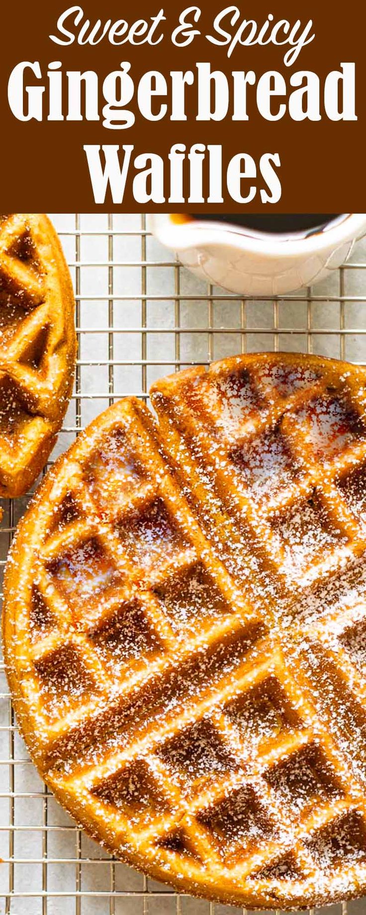 two sweet and spicy gingerbread waffles on a cooling rack